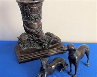 Maitland Smith bronze ram head vase and two small greyhound dog bronze figures