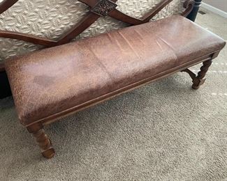 Bed end bench by Stanley, leather top with maple twist legs