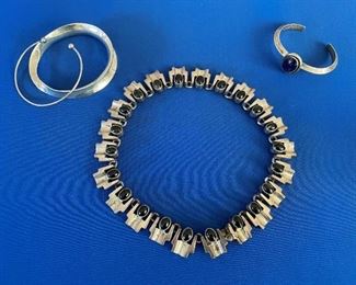 Sterling and black onyx collar necklace, small cuff is sterling and lapis