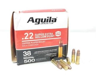 207	

Approx 500 Rounds Of Aguila Ammunition .22 Super Hollow Point 38GR
Approx 500 Rounds Of Aguila Ammunition .22 Super Hollow Point 38GR