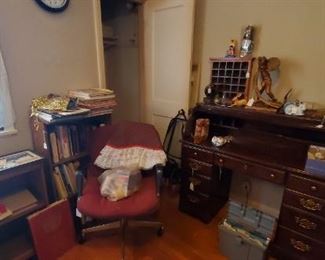 vintage desk, book shelves and children's books