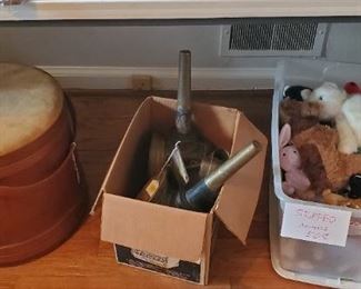 stuffed animal toys and antique carriage lights