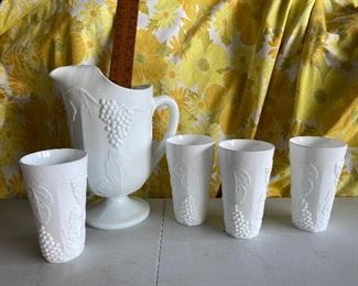 Colony Harvest Milk Glass Pitcher and Glasses $30.00