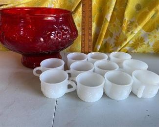 Ruby Red Punch Bowl with Milk Glass Punch Cups $40.00