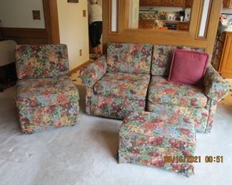 floral love seat, side chair and ottoman