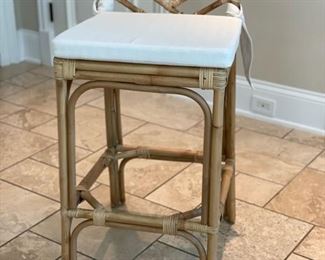Pair of World Market rattan and bamboo barstools. Each measures 29" H; 31" H with cushion. Photo 2 of 2. 