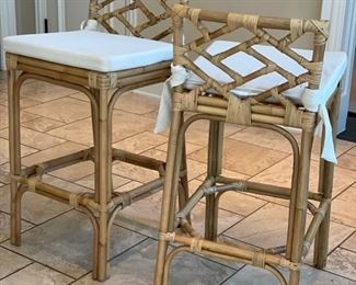 Pair of World Market rattan and bamboo barstools. Each measures 29" H; 31" H with cushion. Photo 1 of 2. 