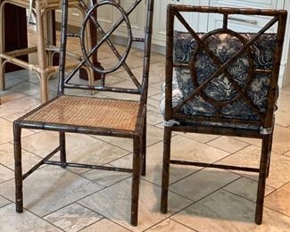 Set of two Chinese-Chippendale style cane-seat chairs. Set includes blue & white cushions. Photo 1 of 3. 