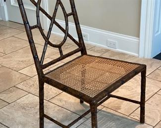 Set of two Chinese-Chippendale style cane-seat chairs. Set includes blue & white cushions. Photo 2 of 3. 
