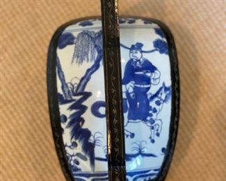 Asian food carrier with blue & white porcelain top. Photo 2 of 2. 