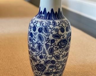 Blue & white chinoiserie vase. Measures approximately 18" H. 