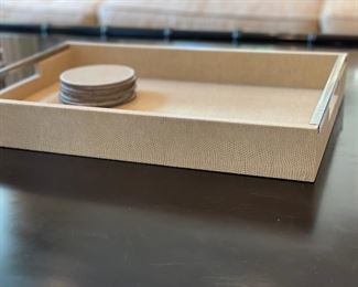 Faux shagreen tray and set of 8 coasters. 