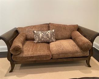 Meredith Baer camelback sofa with cane-sides and brown chenille upholstery - 2 available. Each measures 40" D x 83" W. 