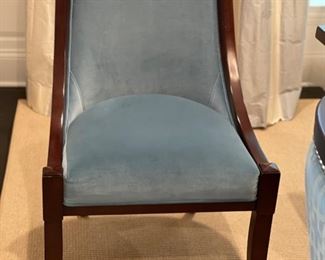 Set of 8 light blue velvet upholstered dining chairs with contrasting upholstered chair backs. Each measures 38" x 20" D x 24" W. Seat heigh: 19". Photo 1 of 2. 