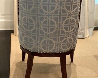 Set of 8 light blue velvet upholstered dining chairs with contrasting upholstered chair backs. Each measures 38" x 20" D x 24" W. Seat heigh: 19". Photo 2 of 2. 