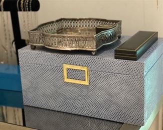Faux shagreen jewelry box and silver-plate tray. 