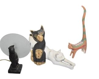 64. Three 3 Cat Figures and Figural Lamp