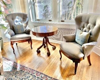 Custom upholstered wing chairs and Century table