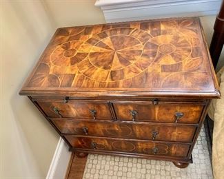 Queen Anne oyster marquetry side chest with pull out shelves