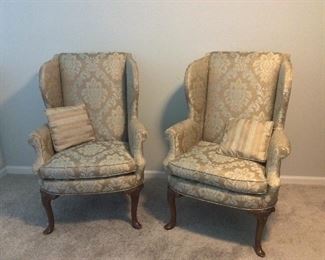 Upholstered Wingback Chairs, Baker Furniture. 