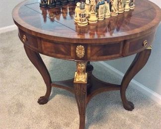 Maitland-Smith Game Table, 32" diameter, 30" H. Chess Set with Decorative Chess Pieces 5" H, Backgammon, Checkers. 