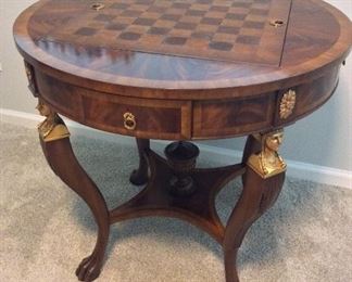 Maitland-Smith Game Table, 32" diameter, 30" H. Chess Set with Decorative Chess Pieces 5" H, Backgammon, Checkers. 