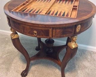 Maitland-Smith Game Table, 32" diameter, 30" H. Chess Set with Decorative Chess Pieces 5" H, Backgammon, Checkers. 