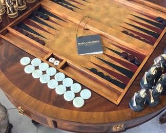 Maitland-Smith Game Table, 32" diameter, 30" H. Chess Set with Decorative Chess Pieces 5" H, Backgammon, Checkers. 