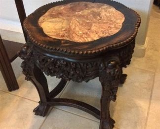 Marble Top Carved Side Table, 21" W, 18" H. 