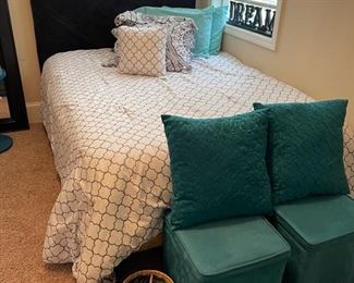 Full size bed, storage ottomans
