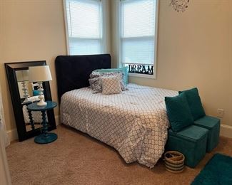 Full size bed, storage ottomans