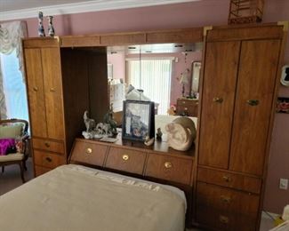 $1,000 Thomasville Headboard (111" wide, 77.5" tall, 19" deep) with storage, lights and mirror Paid $2400 for Headboard.  Queen Bed to include Mattress, box spring and frame.