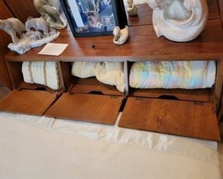 Headboard with Mirror, 3 upper storage shelves(11" tall, 19.5" wide) with 3 lower storage areas (12" tall 19.5" wide)