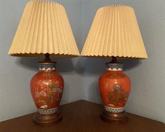 Pair Vintage Asian Enamel Lamps with Shades