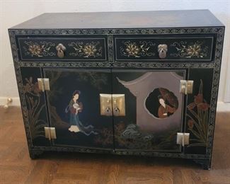 Chinese Black Lacquer Chinoiserie Buffet Cabinet