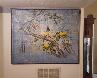 Mid Century Aian Oil on Canvas in Bamboo Frame