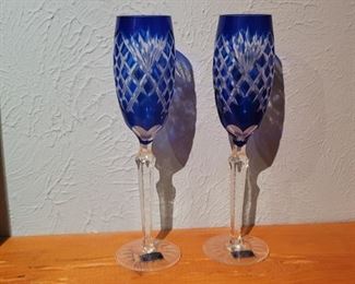 (2) Romanian Cobalt Cut to Clear Crystal Stems