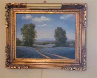 Framed Rural Bluebonnets Scene is Oil on Canvas in Gilt Gold Frame
