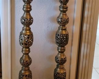 Pair Floor Standing Brass Pillar Candlesticks