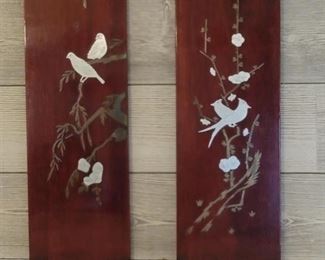 (2) Asian Lacquered Panels w Brass & Silver Inlay