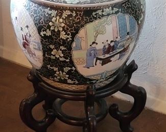 Large Oriental Jardiniere Planter on Stand. Chinese Famille Rose on Rosewood Stand