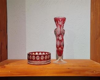 (2) Bohemian Cranberry Cut to Clear Crystal Bowl and Vase