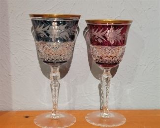 (2) Vintage Bohemian Cut to Clear Stems Gold Trim