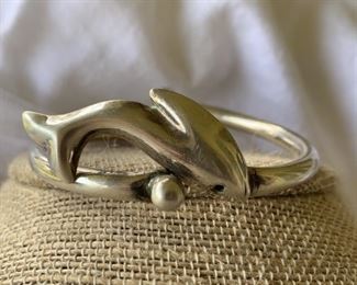 Taxco Mexico Sterling Silver Hinged Dolphin Bracelet