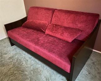 Wood Frame Futon with Red Cushions