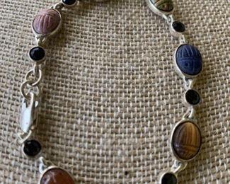 Sterling Silver Bracelet w/ Carved Semi Precious