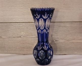 Bohemian Cobalt Cut to Clear Vase