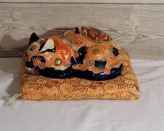 Vintage Japanese Ceramic Cat on Pillow