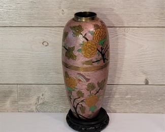 Embossed Flower & Butterfly Pink Brass Vase, India