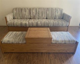 Mid Century Upholsterd Sofa on Wood Base w Ottoman